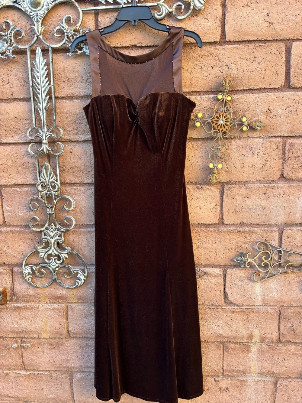 VTG Sangria Brown Velvet Maxi Dress 10 Sheer Mesh Beaded Illusion Neckline Gown